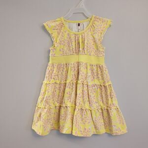 Tea Collection Yellow Pink Floral Tiered Short Sleeve Cotton Dress - Size 3